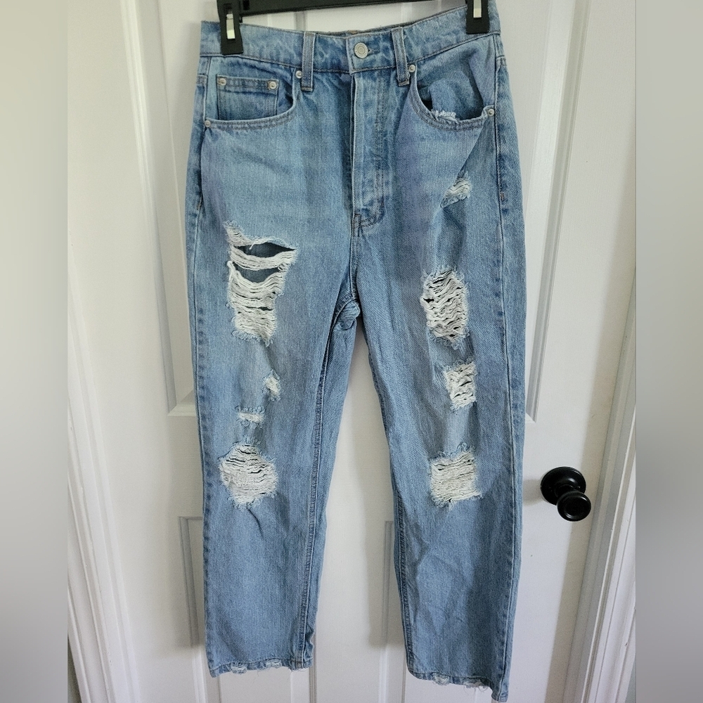Vanilla Star Junior's Medium Wash Front Button Distressed Dad Jeans Size 5
